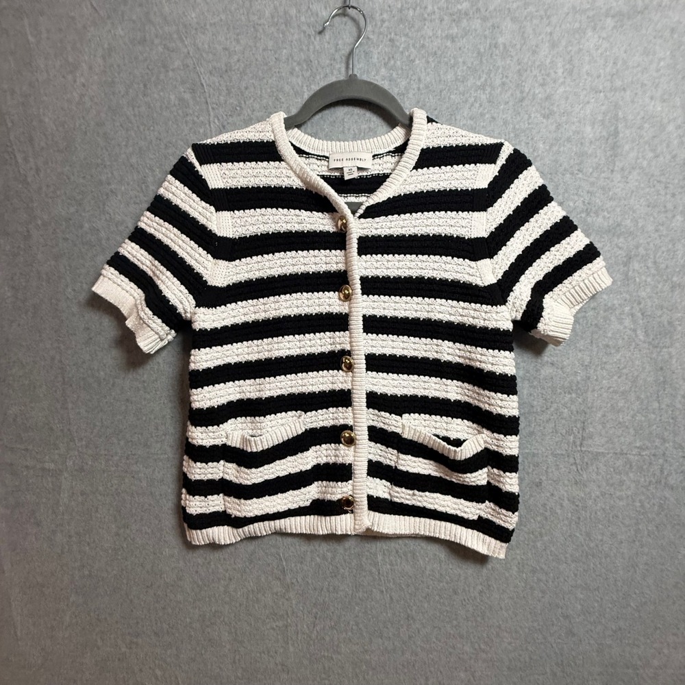 Free Assembly Womens Black White Striped Short Sleeve Cardigan Sweater XS